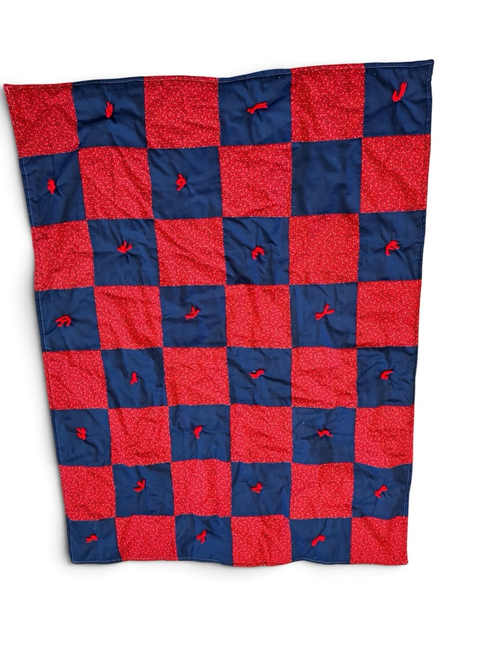 Vintage Hand-Tie Red/Navy Checkerboard Lap Quilt Baby Crib Blanket Retro Cottage